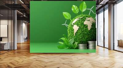 Globe made of leaves surrounded by financial arrows and renewable energy icons, global green investing, sustainable finance Wall mural