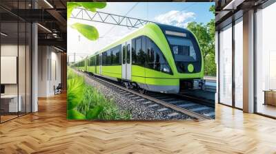 Green modern train on track amidst lush greenery and sunlight. Wall mural