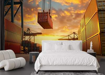 Heavy-duty cranes lifting cargo containers at a busy shipping dock, sunset in the background, industrial transport, global trade and logistics Wall mural