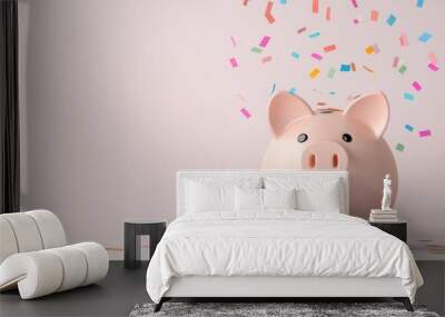 Pay day concept, overflowing piggy bank with payday confetti, savings boost, 3D illustration Wall mural