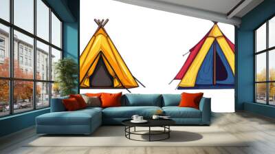 Set of colorful illustrated tents, perfect for outdoor camping themes, nature designs, or adventure graphics. Wall mural