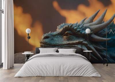 Majestic blue dragon head with flames in background Wall mural