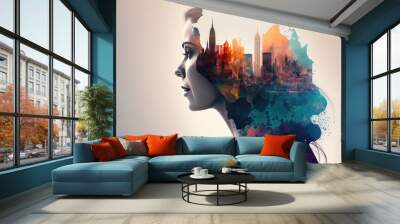 double exposure of beautiful woman, city and the spectacular colorful buildings background, AI generated Wall mural