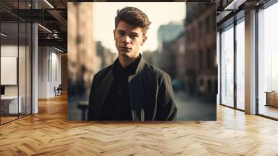 Fashion young handsome man, confident, contemporary, edgy, in the city street, AI generated Wall mural