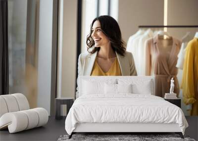 happy woman shopping, a woman with a radiant smile browsing through a high-end fashion boutique fill Wall mural