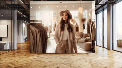 Happy woman shopping, a woman with a radiant smile browsing through a high-end fashion boutique filled with designer clothes, shoes, and accessories, AI generated Wall mural