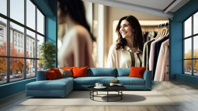 Happy woman shopping, a woman with a radiant smile browsing through a high-end fashion boutique filled with designer clothes, shoes, and accessories, AI generated Wall mural