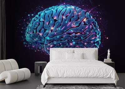 Human brain glowing digital technology, deep learning, AI concept, Generative AI Wall mural