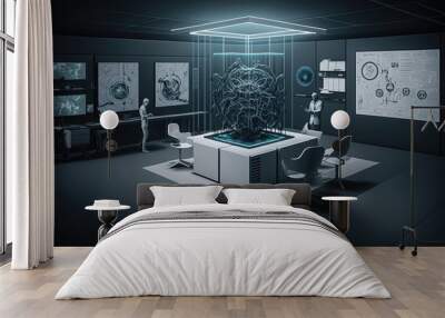 Modern futuristic laboratory office or workspace, with computer screens and advanced technology filling the space, artificial intelligence, AI generated Wall mural