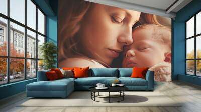 Mother hugging her newborn baby , loving, joyful, AI generated Wall mural