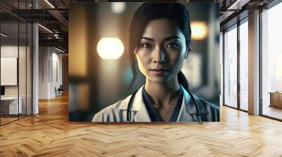 Portrait of beautiful smart Asian doctor woman in a white medical coat in hospital, ai generated Wall mural