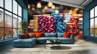 Stacks of gambling chips on a poker table in luxury casino Wall mural