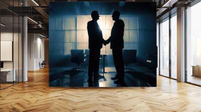 Two Business Men Wearing Suits Shaking Hands In Office in evening , silhouette, Negotiation, ai generated Wall mural