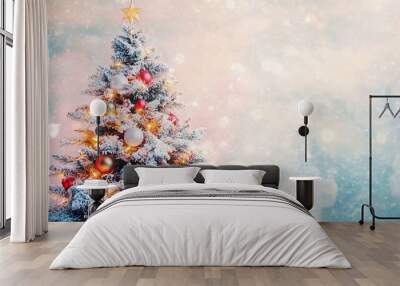 A beautifully decorated Christmas tree with twinkling lights and colorful ornaments, set against a soft pastel background Wall mural