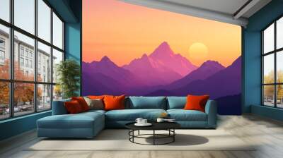 A breathtaking mountain landscape at sunset, showcasing vibrant orange and purple hues in the sky, with silhouetted peaks against the light solid color background Wall mural