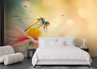 A close-up of a delicate dragonfly hovering over a vibrant flower, set against a light pastel background Wall mural