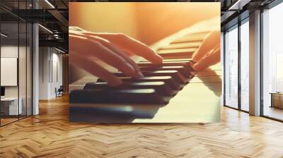 A close-up of a musician's hands playing piano keys, with soft natural light illuminating the scene against a light solid color background Wall mural