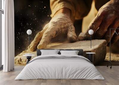 A close-up of a sculptor's hands skillfully chiseling a stone block, with dust particles illuminated in the soft light Wall mural