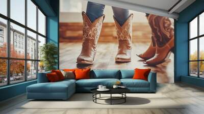 A close-up shot of feet in cowboy boots performing synchronized line dance moves on a wooden floor, with a soft light solid color backdrop Wall mural