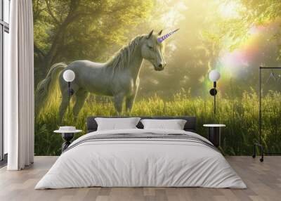 A majestic unicorn standing in a lush green meadow, with a rainbow reflecting off its shimmering mane Wall mural