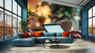 A professional database administrator working remotely, using a tablet with a serene home office backdrop Wall mural