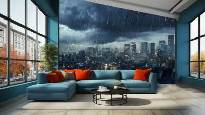 A scenic view of a heavy rainstorm over a city skyline, with dark clouds and splashes of water on the streets Wall mural