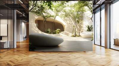 A tranquil interior space featuring organic shapes and natural materials, emphasizing harmony with nature Wall mural