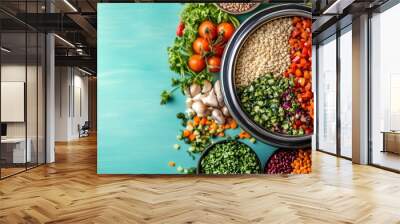 Close-up of a food batchmaker filled with colorful fresh vegetables and grains, on a soft pastel backdrop Wall mural