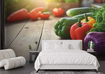 Fresh organic vegetables, assorted on wooden table, 3D illustration Wall mural