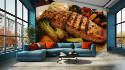 Grilled salmon served with a side of roasted vegetables, brain-boosting dinner, healthy and satisfying. Wall mural