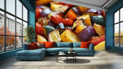 Juicy roasted vegetables in a balsamic glaze, vibrant colors, healthy and flavorful side dish. Wall mural