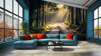 Sunlight filtering through pine trees onto a quiet forest road, tranquil and scenic Wall mural