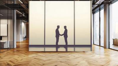 Two business partners shaking hands in front of a large window, symbolizing trust and cooperation against a light solid color background Wall mural