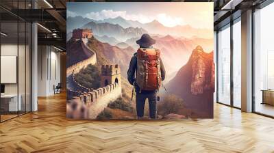 A backpacker with backpack is standing on the Great wall of China, the world heritage famous landmark of India. Travel and journey scene. Generative Ai image.	
 Wall mural