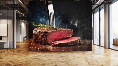 A big piece of medium-rare beef steak is served in wooden plate and placed on wooden table. Food object ready to eat scene. Generative Ai image. Wall mural