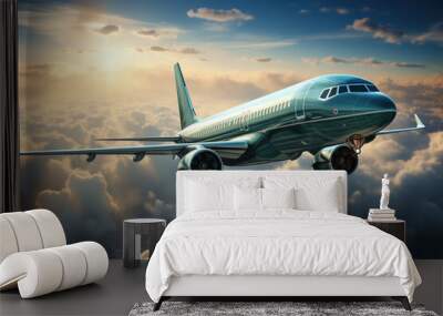 A passenger commercial airplane is flying above cloudy sky view, transportation scene.	
 Wall mural