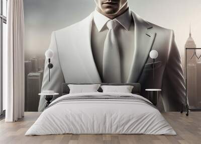 Close-up at a gentleman is wearing white business uniform suit with necktie, standing on city background, the successful businessman person concept. Generative Ai image.	
 Wall mural