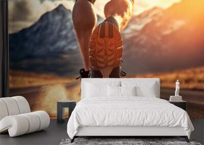 Close-up at the runner feet is start running forward to the beautiful view of mountain with orange sun light environment as background. Sport action and human challenge concept. Generative Ai image. Wall mural