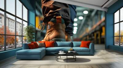 Close-up  safety working shoe on a worker feet is standing at the factory, ready for working in danger workplace concept. Industrial working scene and safety equipment. Generative Ai image. Wall mural