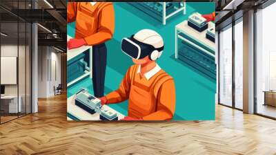 3D illustration of factory workers using virtual reality headsets to assemble products Wall mural