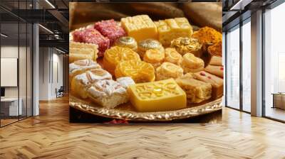 A beautiful arrangement of traditional Diwali sweets on a golden platter with intricate designs set on a rich luxurious background Wall mural