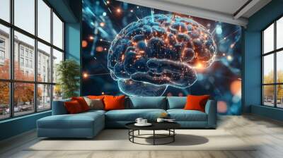 A futuristic illustration of a digital brain interface with glowing circuits and connections Wall mural