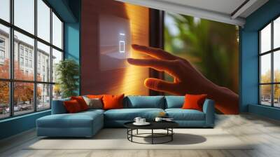 A hand gently sliding on a digital light dimmer adjusting the ambiance of the room via a touch-sensitive screen Wall mural