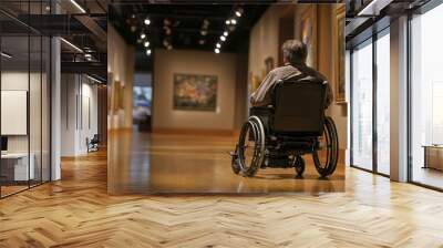 A motorized wheelchair user visiting an art gallery enjoying exhibits with accessible displays and clear navigation paths Wall mural