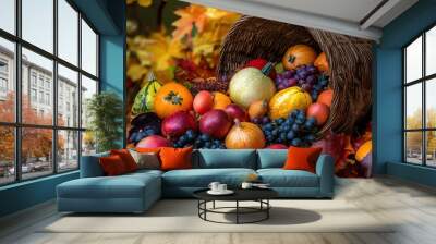 A vibrant cornucopia overflowing with ripe fruits and vegetables positioned on a table with a cozy autumn-themed setting Wall mural