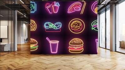 Abstract fast food icons in a neon color palette on a dark background Wall mural