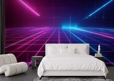 Abstract neon glowing lines in a futuristic grid pattern on a dark background Wall mural