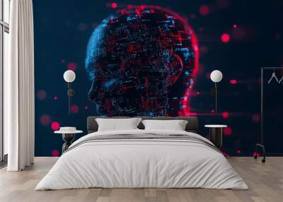 An abstract representation of artificial intelligence with a robotic head and digital data lines Wall mural