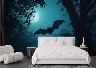 Dark foggy forest full moon bat flying silhouette wide-angle soft blue eerie Wall mural