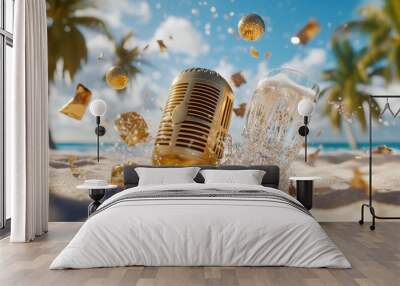 Flying gold microphone balls and shattered beer glass amidst sand with palm trees and water splashing in the background on a summer day Wall mural